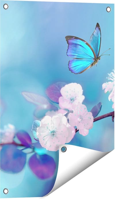 Gards Tuinposter Blauwe Vlinder bij een Roze Bloem - 40x60 cm - Tuindoek - Tuindecoratie - Wanddecoratie buiten - Tuinschilderij