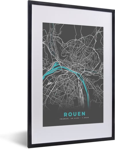 Fotolijst incl. Poster - Rouen - Frankrijk - Stadskaart - Kaart - Plattegrond - 40x60 cm - Posterlijst