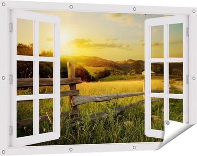 Gards Tuinposter Doorkijk Boerderij Hekken op het Grasveld - 120x80 cm - Tuindoek - Tuindecoratie - Wanddecoratie buiten - Tuinschilderij
