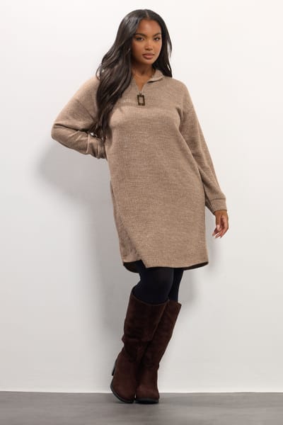 Yours Natuurbruin Geribbelde Quarter Zip Jumper Dress Size 50-52