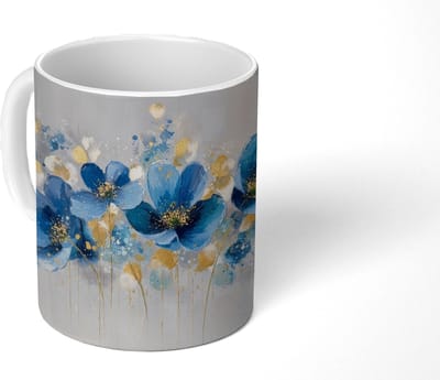 Mok - Koffiemok - Bloemen - Blauw - Abstract - Mokken - 350 ML - Beker - Koffiemokken - Theemok