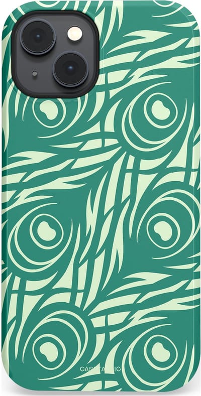 Casetastic hoesje geschikt voor Apple iPhone 14 - MagSafe - Dubbellaagse bescherming - Troste Turquoise Pauw Veren - Fashion Case - Turquoise Mintgroen Crème