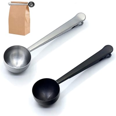 2 stuks Roestvrijstalen koffieschepjes met clip (15 ml), zwart en zilver, voor gemalen koffie en koffiebonen