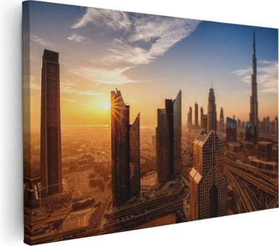 Artaza Canvas Schilderij Zonsondergang Stad - 30x20 cm - Klein - Wanddecoratie Skyline - Muurdecoratie Wolkenkrabbers - Kamer Accessoires