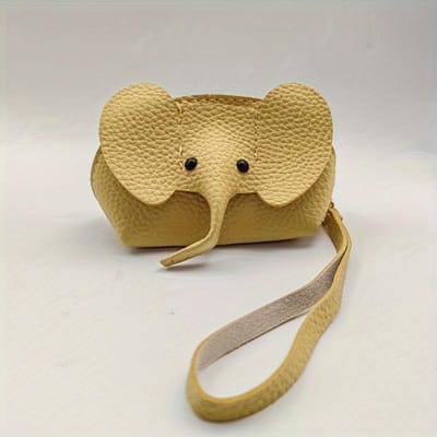 Porte-monnaie mignon Éléphant 1 pièce avec dragonne en cuir artificiel, pochette zippée, grande capacité de rangement pour pièces de monnaie, rouge à lèvres, cartes bancaires, organisateur de clés jaune