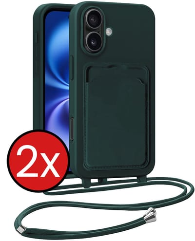 Hoesje Geschikt voor iPhone 16 Plus Hoesje Met Telefoonkoord en Pasjeshouder Siliconen - Hoes Geschikt voor iPhone 16 Plus Hoesje Met Kaarthouder Case - Donkergroen - 2 PACK