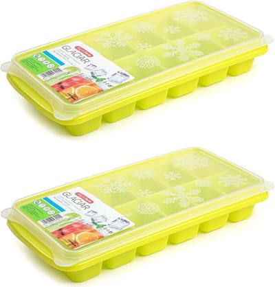 Plasticforte Tray met ijsblokjes - 2x - ijsklontjes vormpjes - 12 vakjes - kunststof - groen - 26 x 12 cm