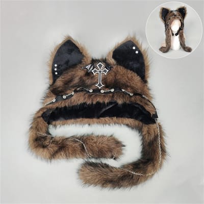 Nieuwe Gotische Punk Kattenoor Hoed Met Kruis Vleugel Ketting Decoratie Pluche Warme Wintermuts Voor Alternatieve Meisjes Y2K Rock Muziek Festival One Size black