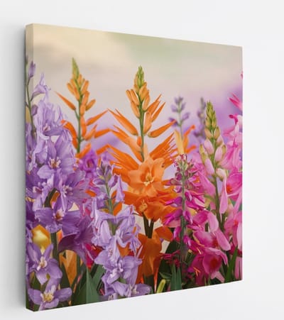 Saammp Canvas Schilderij - Vrolijke bloemencompositie - Kleurrijk - Natuur - Abstract - 20x20 - Foto op canvas - Wanddecoratie - Muurdecoratie Woonkamer - Kantoor Decoratie