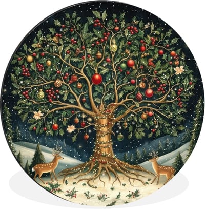 WallCircle - Wandcirkel - Muurcirkel - Feestboom - Winterhemel - Kleurrijk - Aluminium - Dibond - 30x30 cm - Binnen en Buiten