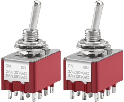 Allecto - Miniatuur Rocker Switch - 4PDT ON-ON - 12 Pin - Rood - 2A 250V - 5A 120V - Voor Elektrische Toepassingen - 2 Stuks