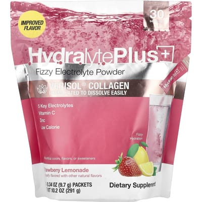 Hydralyte, Verisol Collageen, Bruisend Elektrolytpoeder, Aardbei Citroenade, 30 Sachets, 0,34 oz (9,7 g) Elk