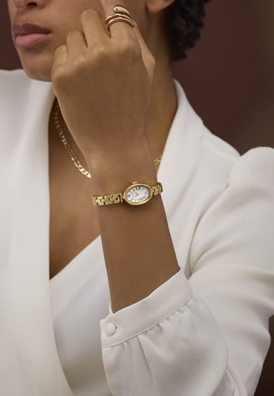 Timex Cavatina Quartz Analoog Horloge Goudkleurig En Wit Kast Gemaakt Van 100% Loodarm Messing En Een Armband Van 100% Roestvrij Staal 19 TW2Y26600AJ, TW2Y26700AJ, TW2Y26800AJ