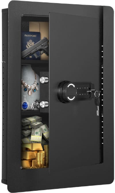ElevateCommerce Kluis voor Muur – Inbouwkluis met Code & Sleutel – Stalen Muurkluis voor Geld, Sieraden & Documenten – 0.9ft³ – LED & Alarm