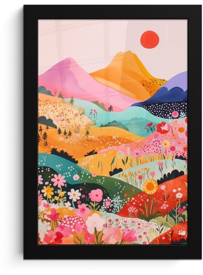Poster in lijst - Fotolijst 20x30 cm - Posters - Kleurrijke bloemen - Bergen - Fantasielandschap - Posterlijst zwart - Decoratie - Wanddecoratie woonkamer - Muurdecoratie slaapkamer