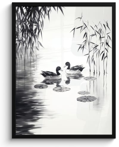 Poster in lijst - Fotolijst 50x70 cm - Posters - Eenden - Waterlelies - Riet - Zwart - Posterlijst zwart - Decoratie - Wanddecoratie woonkamer - Muurdecoratie slaapkamer