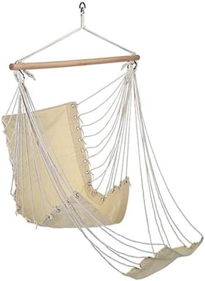 Comfortabele Hangstoel met Voetensteun - Beige Katoen - Relaxfauteuil voor Binnen en Buiten
