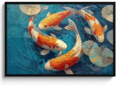 Poster in lijst - Fotolijst 120x80 cm - Posters - Vissen - Waterlelies - Oranje - Water - Posterlijst zwart - Decoratie - Wanddecoratie woonkamer - Muurdecoratie slaapkamer