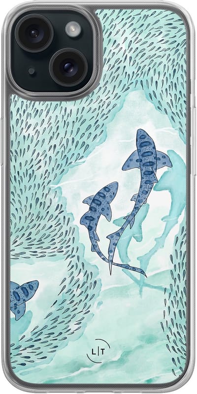 Hoesje geschikt voor iPhone 15 - Baby shark - 2in1 backcover - Print / Illustratie - Blauw - Leuke Telefoonhoesjes