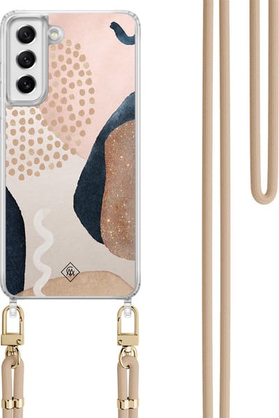 Casimoda® hoesje met koord - Geschikt voor Samsung S21 FE - Abstract Dots - Afneembaar koord - TPU/polycarbonaat - Bruin/beige