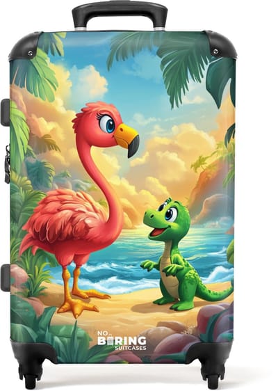 NoBoringSuitcases.com® - Kinderkoffer - Kindertrolley jongen en meisje - Flamingo en dinosaurus op strand bij ondergaande zon - Koffer kind groot - Rolkoffer lichtgewicht - Reiskoffer met 4 wielen - Grote trolley XL - 20 kg bagage