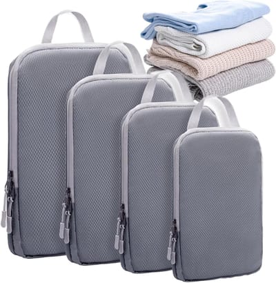 Reis Organisatie Set - Pak Cubes - Ruimte Besparen - Compressie Functie - 4 Delig - Grijs