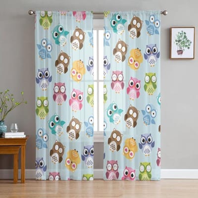 Dromenvanger Uil Veer Kunst Schattige Cartoon Tule Raamgordijn Voor Woonkamer Modern Transparant Gordijn Voor Slaapkamer Keuken Gordijnen 135W x 114H(cm) white