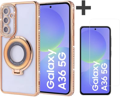 Hoesje met Ringhouder Geschikt voor Samsung Galaxy A36 met Diamant Glitters en Gehard Glas Screenprotector – Arara Backcover - Goud