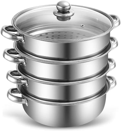 SnelShoppen - 4-laags Stoomkoker 28 cm RVS met Glazen Deksel - Stoominzet voor Inductie en Gasfornuis - Ideaal voor Groenten, Vis, Mantou en Rijst