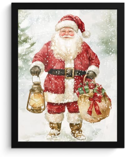 Poster in lijst - Fotolijst 30x40 cm - Posters - Kerstman- Winter - Sneeuw - Wit - Rood - Posterlijst zwart - Decoratie - Wanddecoratie woonkamer - Muurdecoratie slaapkamer - Kerstversiering - Kerstdecoratie voor binnen - Kerstmis