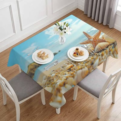 Zomer Strand Schelp Zeester Rechthoekig Tafelkleed voor Tafeldecoratie Blauw Oceaan Thema Keuken Eettafel Kleed Vakantie Feest Decoratie 140x140cm