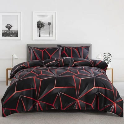 Zwart Rood Geometrisch Dekbedovertrek Queen 3D Driedimensionaal Geometrisch Beddengoedset Modern Abstract Neon Lijn Dekbedovertrek AU King(240x210cm)