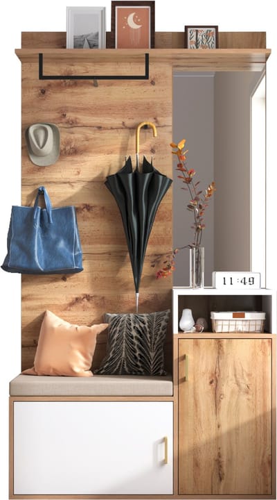 Halkasten - 180x40x35 cm - Elegante Garderobenset Met Spiegel, Schoenenschrank, Wandgarderobe, Zitbank, Kledinghaken - Hout - Wit/Houtkleur