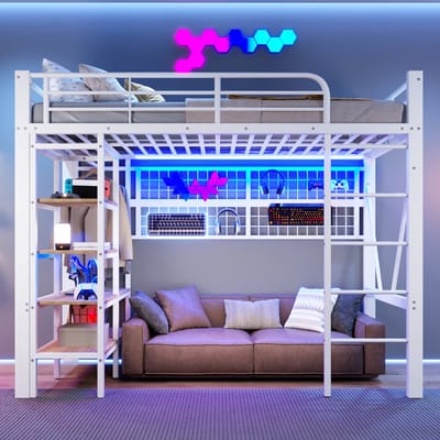 VVBV Ruimtebesparende Hoogslaper 90x200 cm - LED-Verlichting, Planken - Metaal Wit - Zonder Matras