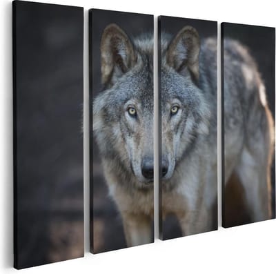 Artaza Canvas Schilderij Vierluik Wolvenkop - Grijze Wolf - 80x60 - Foto Op Canvas - Canvas Print