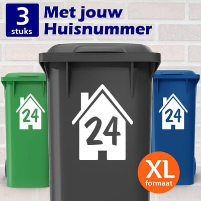 Container Stickers XL - Extra Groot A4 Formaat - Voordeelset 3 stuks - Huisje met Huisnummer - Sticker voor Afvalcontainer / Kliko - Klikosticker