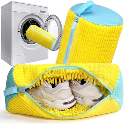 Dailygoods - Waszak voor schoenen – waszak voor schoenen met villositeiten, schoenentas voor wasmachine met ritssluiting, herbruikbaar, waszakken voor sneakers (geel/verpakking van 2)