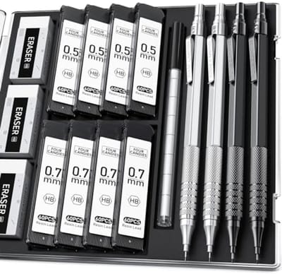 PromoHome 4 Stuks Metalen Mechanische Potloodset met Etui - 0,5 mm en 0,7 mm - 480 Stuks HB Loodvullingen - 3 Gummen en 9 Gumvullingen - Professionele Tekenset voor Schrijven en Tekenen - Zwart en Zilver