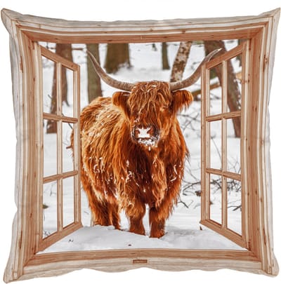 Sierkussens - Kussentjes Woonkamer - 50x50 cm - Schotse Hooglander - Winter - Landschap - Natuur - Dieren - Doorkijk