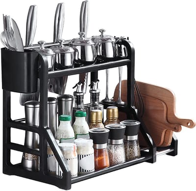 Keukenrek 2 Laags – 37,5x26x41 cm – Multifunctionele Opberger – Met Messenhouder & Kruidenrek – Voor Keukenaanrecht