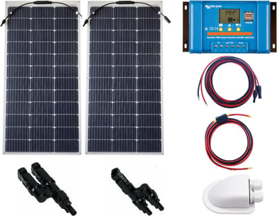 Set Flexibel Zonnepaneel 200Wp 12V Caravan, Camper, Boot, Tent of Tuinhuisje - Victron Energy BlueSolar PWM 20A LCD&USB laadregelaar - Zonnepaneel Compleet Pakket - Plug-Play set schematische tekening en handleiding-Monokristallijn