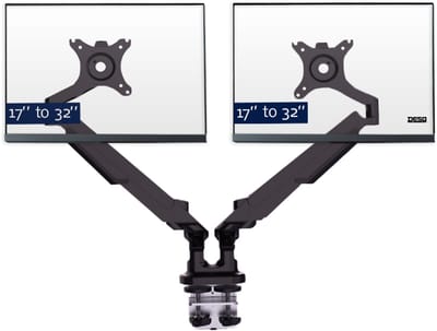 Desq® Dubbele Monitorarm met Gasveer | 17/32 Inch | Bureauklem + Bladdoorvoer set | Zwart