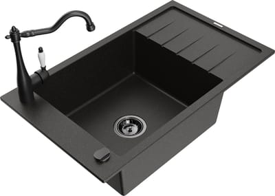Mexen Elias granieten spoelbak 1-kompartment met afdruiprek en keukenkraan Carla, zwart/goud metallic - 6511-75-670700-70-B