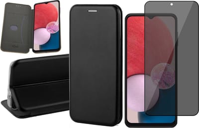 Hoesje geschikt voor Samsung Galaxy A13 4G - Book Case Kunstlederen Wallet Cover Minimalistisch Pasjeshouder Hoes Zwart - Tempered Glass Privacy Screenprotector