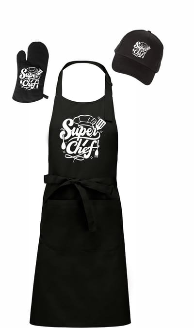Mijncadeautje - Barbecue Voordeelset - BBQ Schort + BBQ Handschoen + BBQ Cap - Super Chef - zwart