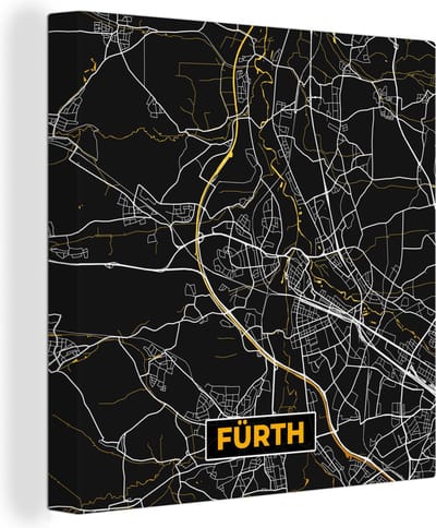Canvas Schilderij Duitsland – Black and Gold – Fürth – Stadskaart – Kaart – Plattegrond - 20x20 cm - Wanddecoratie
