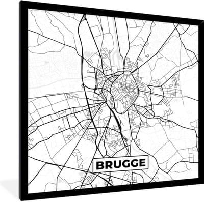 Fotolijst incl. Poster Zwart Wit- Zwart Wit – België – Plattegrond – Stadskaart – Kaart – Brugge - 40x40 cm - Posterlijst