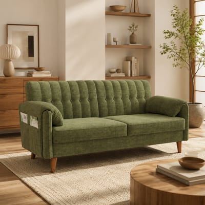 Bank - Tweezitsbank - 2-zits bank - Comfortabele zitbank - Ergonomisch - 161x79x83 cm - Met opbergtas - Met dik zitkussen - Met armleuningen - Chenillestof - Bankpoten van massief hout - Geschikt voor slaapkamers en kleine ruimtes - Groen