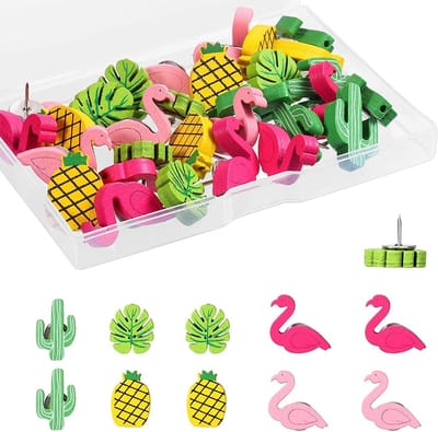 60 Stuks Houten Klemmen - 5 Schattige Ontwerpen (Cactus, Vogel, Bladeren) voor Prikborden en Korkborden - Decoratieve Duimspijkers voor Kantoor, School en Thuisgebruik