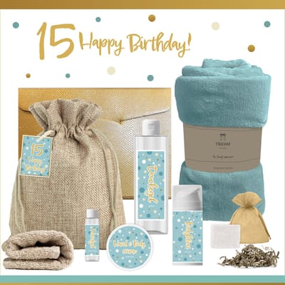 Geschenkset “15 Happy Birthday!” - 8 producten - 1210 gram - Triomf Cosmetica | Luxe Cadeaubox voor haar Wellness Pakket Meisje Giftset Party Cadeaupakket Vijftien Jarige Verjaardag Gefeliciteerd Cadeau Speciaal Feestje Gift Set Turquoise
